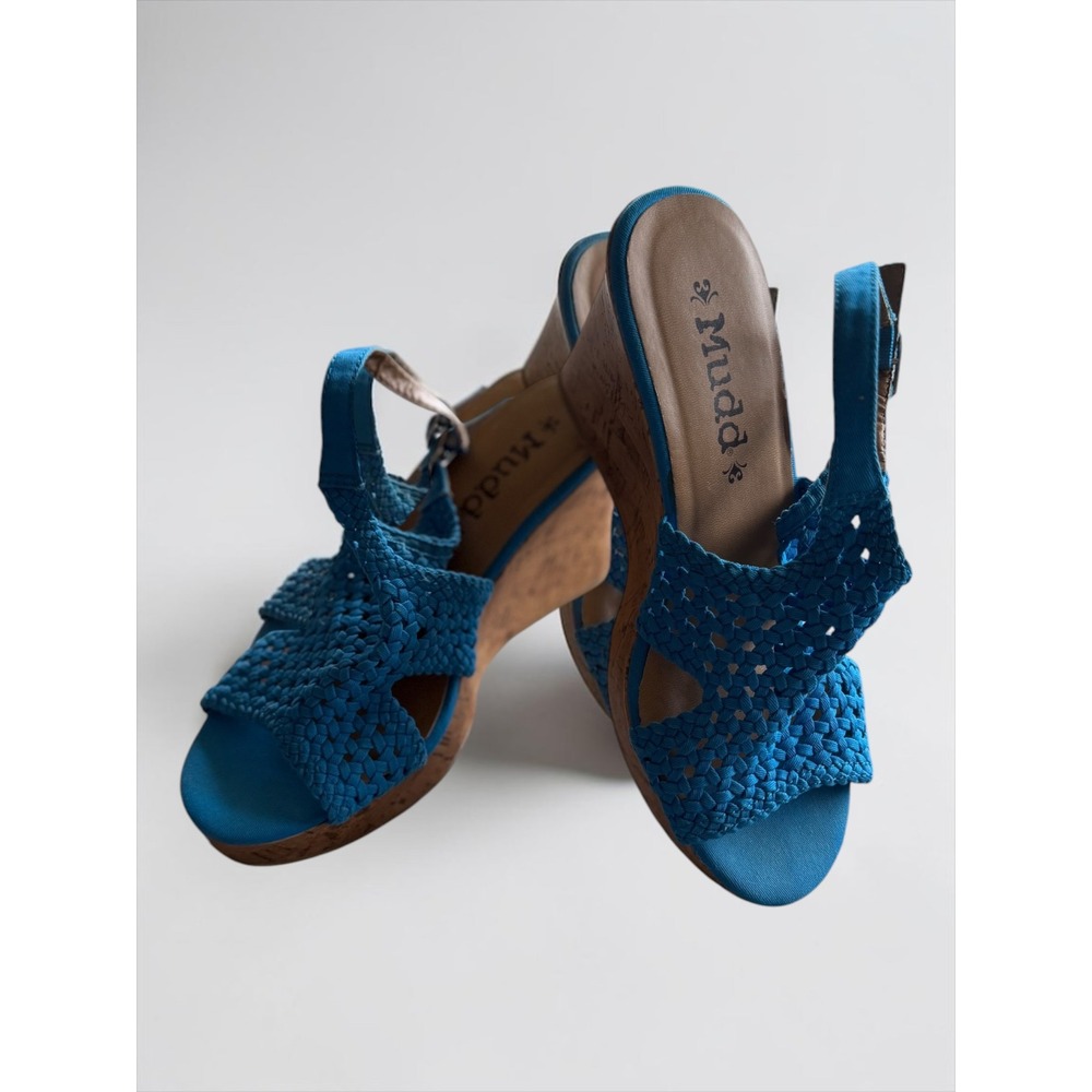 Mudd Womens Turquoise Blue Woven Strappy Cork Platform Wedge Sandals Size 9.5 M